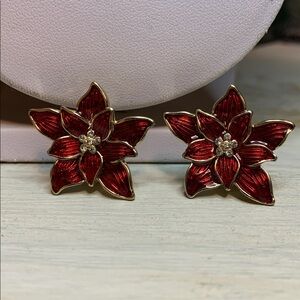 Beautiful Red Enamel and Rhinestone Clip Earrings